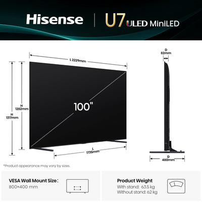 Hisense 100U7Q Fernseher 100 Zoll, 4K Mini LED ULED, Smart TV, Hi-View AI Engine Pro, 165Hz Game Mode Ultra, FreeSync Premium, Built in Subwoofer, Dolby Vision IQ Atmos, Airplay[2025]