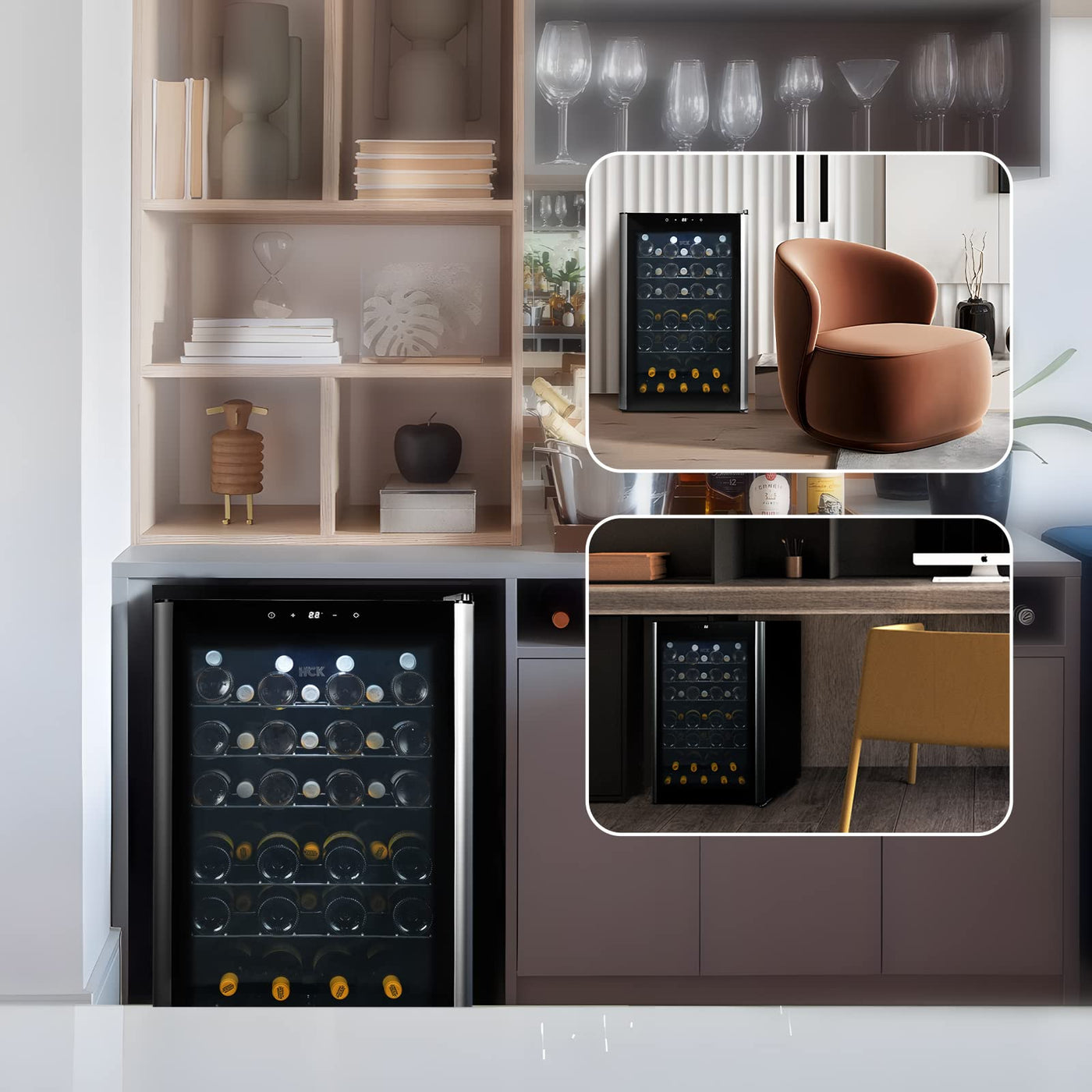 HCK 115 Liter Weinkühlschrank für 48 Flaschen, 4-22°C Weinkühlschränke Flaschenkühlschrank, Getränkekühlschrank mit Glastür, Geräuscharmer Weinschrank, Frostfreie Glastür, Vollglas-Touchpanel, Schwarz