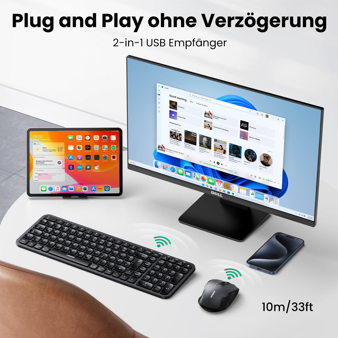 UGREEN Bluetooth Tastatur Maus Set kabellos (Bluetooth 5.0+2.4G) mit Shortcut-Tasten, Funktastatur mit Maus 4000 DPI für Windows/macOS/Linux/Android-Deutsches Layout