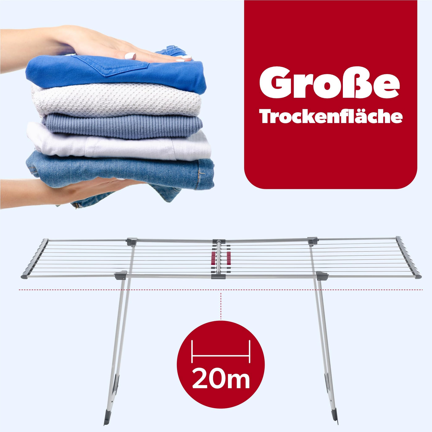 KADAX Teleskop Wäscheständer mit 20m Trockenleinenlänge, ausziehbarer Wäschetrockner für Bettwäsche, großer Flügelwäscheständer aus pulverbeschichteten Stahl (Grau)