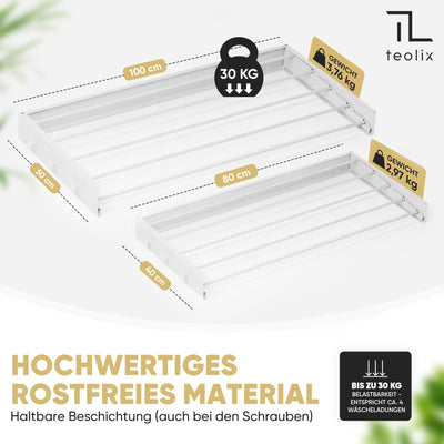 teolix Wäscheständer Wandmontage [2in1 mit extra Kleiderhaken] Ausziehbar und Platzsparend | Wäschetrockner Klein für Wand | Clothes Drying Rack Zeitlos Praktisch - (Weiß, 80cm)