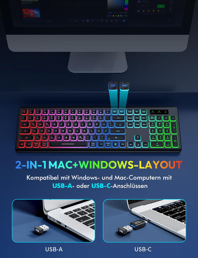 Tastatur Maus Set Kabellos Beleuchtete, wiederaufladbar & Automatischer Schlaf, verstellbare Höhe, 2,4 GHz LED leise USB-A & USB-C Funktastatur mit Maus, für Mac OS/Windows/PC/Laptop-Schwarz, QWERTZ