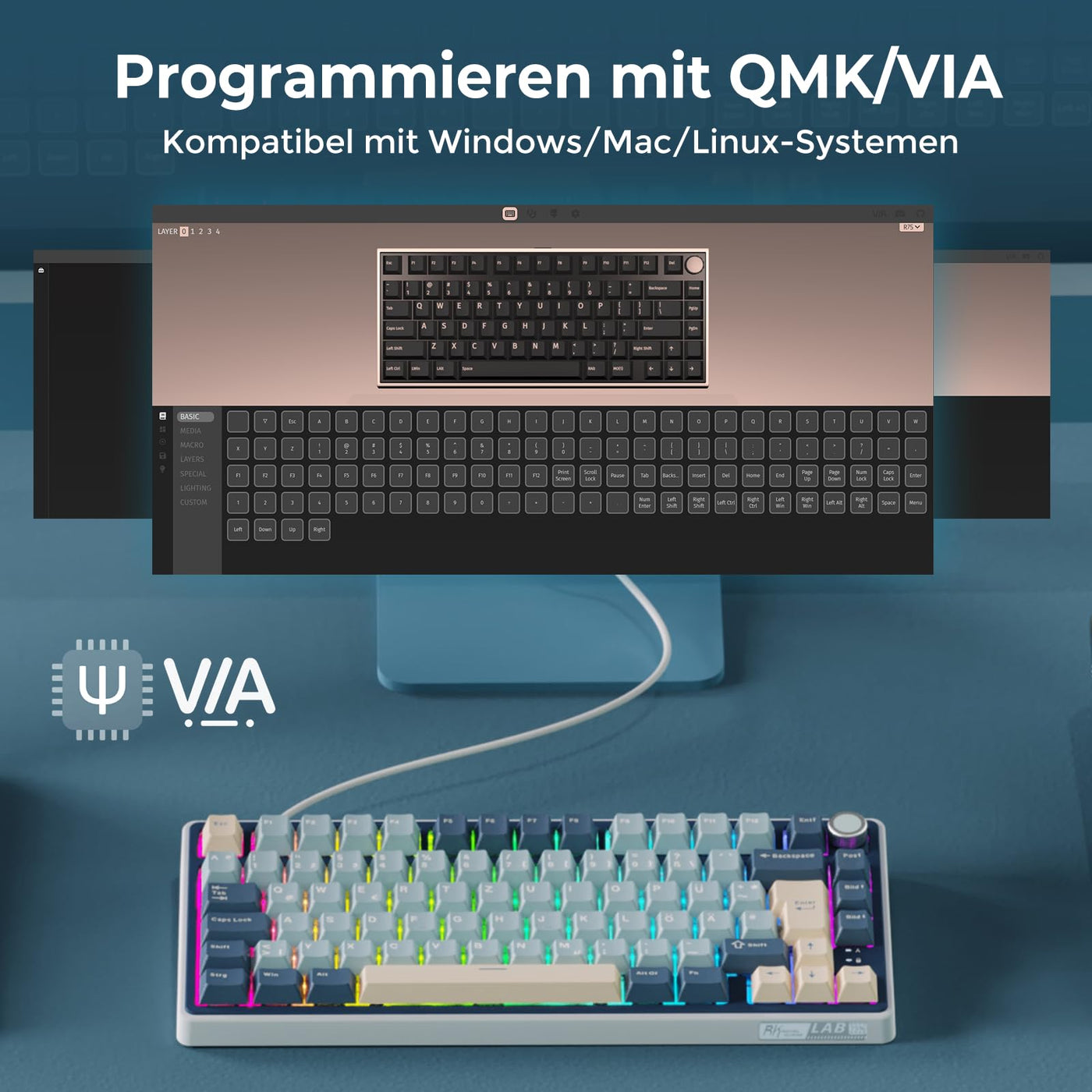 RK ROYAL KLUDGE R75 Mechanische Tastatur Kabellos 75%, Gasket Gaming Tastatur 75 Prozent TKL mit Knopf QWERTZ RGB Bluetooth/2.4G/USB-C PBT Tastenkappen QMK/VIA, Hot Swap Linearer Creamy Switches