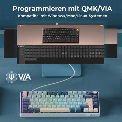 RK ROYAL KLUDGE R75 Mechanische Tastatur Kabellos 75%, Gasket Gaming Tastatur 75 Prozent TKL mit Knopf QWERTZ RGB Bluetooth/2.4G/USB-C PBT Tastenkappen QMK/VIA, Hot Swap Linearer Creamy Switches