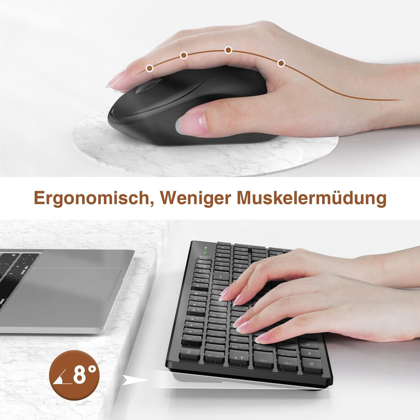 Tastatur Maus Set Kabellos, 2,4GHz Kabellose Tastatur und Maus, Funktastatur in Standardgröße mit Ziffernblock, 1600DIP Ergonomische Maus, für Windows/PC/Laptop/Computer - QWERTZ, Schwarz