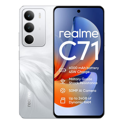 realme C71 4G Smartphone,6+128GB,6000 mAh Battery,45W Charge,Octa-Core Chipset,50MP AI Camera,24GB Dynamic RAM,120Hz Display,Grade Shock Resistance,Daily Water Resistance,White Swan (No Adapter)