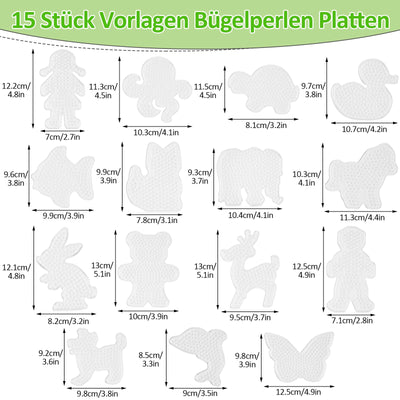 15 Stück Bügelperlen Platten, Vorlagen für Bügelperlen 5mm, TierSteckperlen Platten mit Bügelpapier Zubehör, Tier Muster Steckplatten für Kinder, Jungs, Mädchen DIY Handwerk