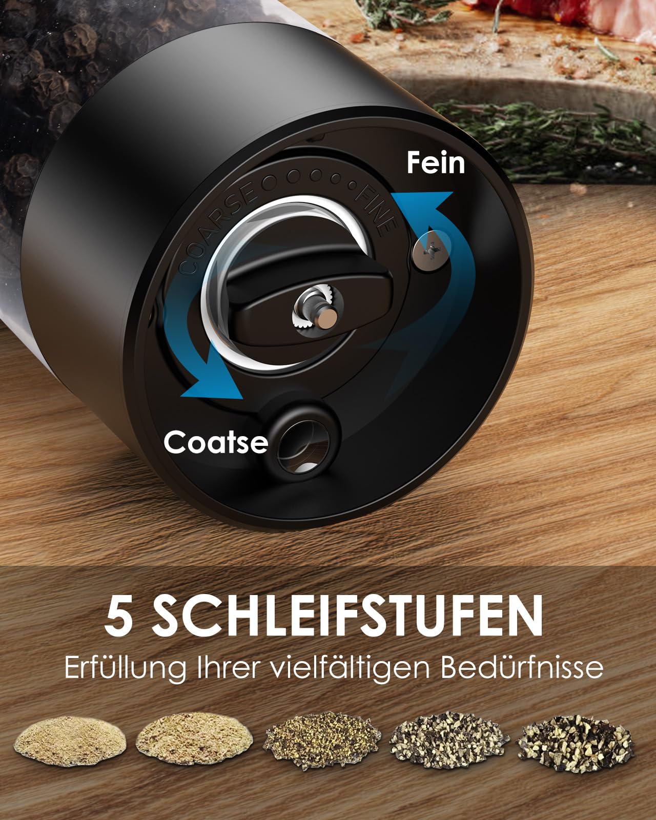 IIRARA Salz und Pfeffermühlen elektrisch 2er Set mit einstellbarem Keramikmahlwerk, Gewürzmühle elektrisch mit LED-Licht Type-c Wiederaufladbar Einhandbedienung mit Reinigungspinsel Löffel schwarz