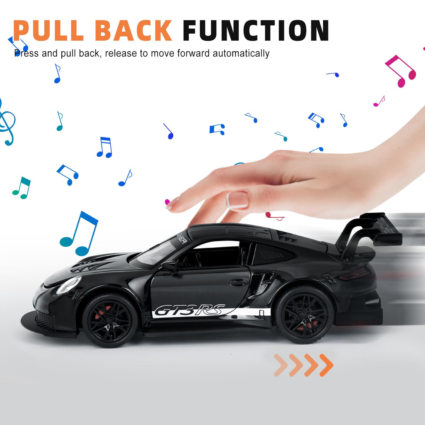 MODVKVK 911 GT3RS Modellauto 1:32, Spielzeugautos aus Druckgussmetall, Kinderspielzeugauto mit Ton und Licht mit Rückziehfunktion für Kinder ab 3 Jahren und Autosammler (Schwarz)