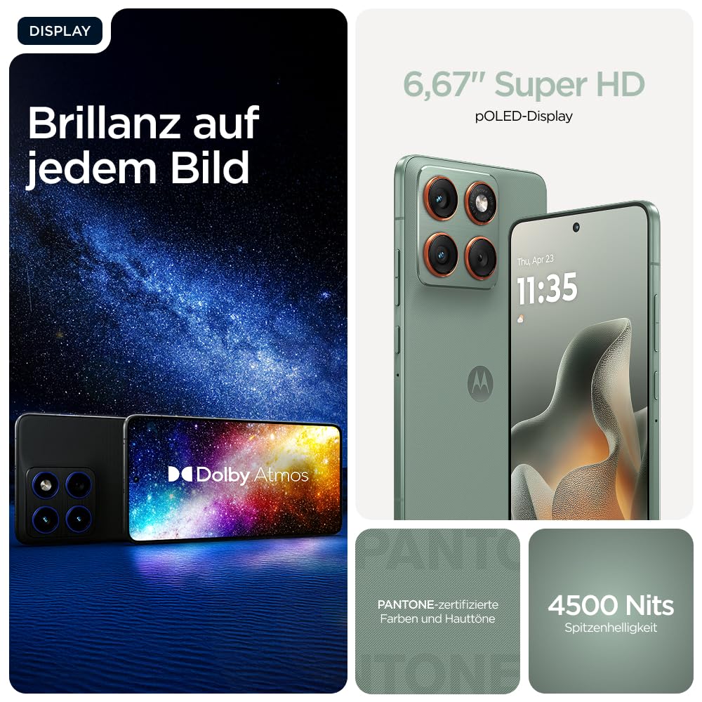 Motorola Edge 70 Smartphone (Robustes 6,67"-pOLED-Display mit Gorilla Glass 7i, 50-MP-Kamera, 12-512 GB, Wasser- und hitzebeständig, 68W-TurboPower-Aufladen), Pantone Lily Pad, inkl. Magnetcover