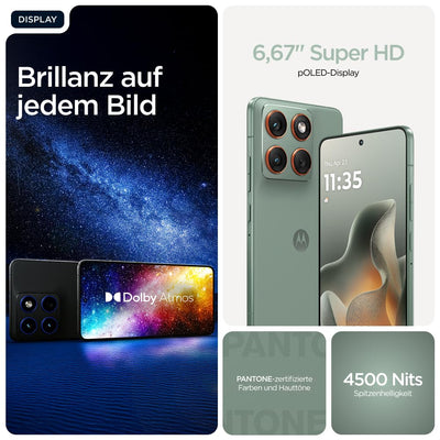 Motorola Edge 70 Smartphone (Robustes 6,67"-pOLED-Display mit Gorilla Glass 7i, 50-MP-Kamera, 12-512 GB, Wasser- und hitzebeständig, 68W-TurboPower-Aufladen), Pantone Lily Pad, inkl. Magnetcover