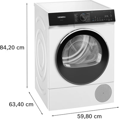 Siemens WQ45H2BECO, iQ500, Smarter Wärmepumpentrockner 9 kg, Selbstreinigender Kondensator, autoDry, speedPack, Reversierende Trommel, Nachlegefunktion, halbe Beladung, Trommelinnenbeleuchtung, Weiß