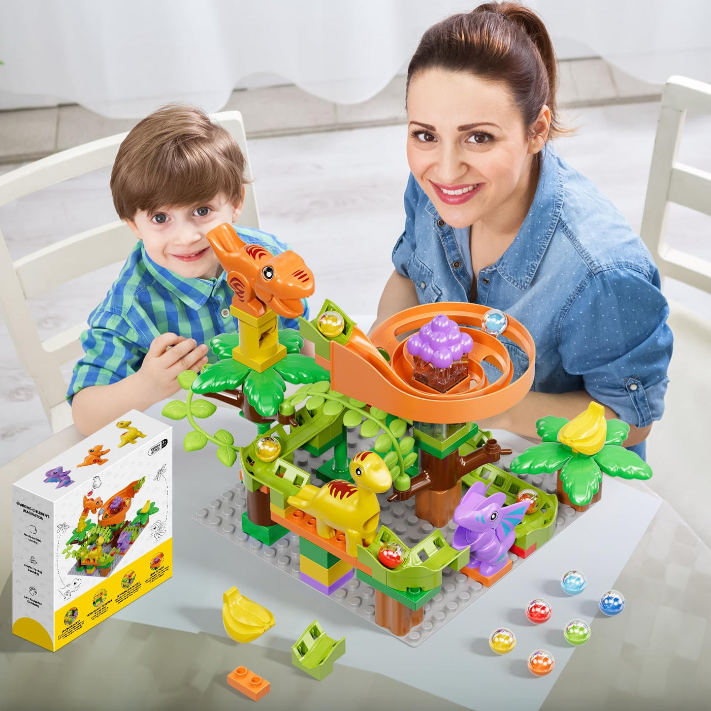 Murmelbahn Bausteine Dinosaurier Spielzeuge, Kinder STEM Spielzeug Dino Kugelbahn Set ab 3 4 5 6 Jahre Jungen Mädchen, 67 Pcs groß Blöcke Ball Race Lernspielzeug für Jungen Mädchen 3-7 Jahre