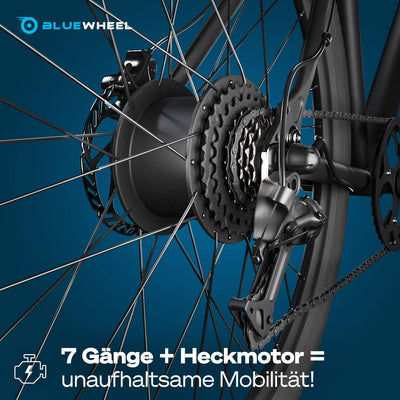 BLUEWHEEL City E-Bike 28" Leichtgewicht I Deutsche Qualitätsmarke | EU-konform E-Fahrrad | 7 Gänge, 250 W Hinterradmotor für 25 km/h | Elektrofahrrad mit App, integr. (BUTEO)