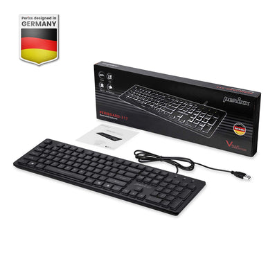 Perixx PERIBOARD-317 USB-Tastatur mit kabelgebunden, beleuchtet, Big Print Letter mit weiß beleuchteter LED, US-Layout, Schwarz
