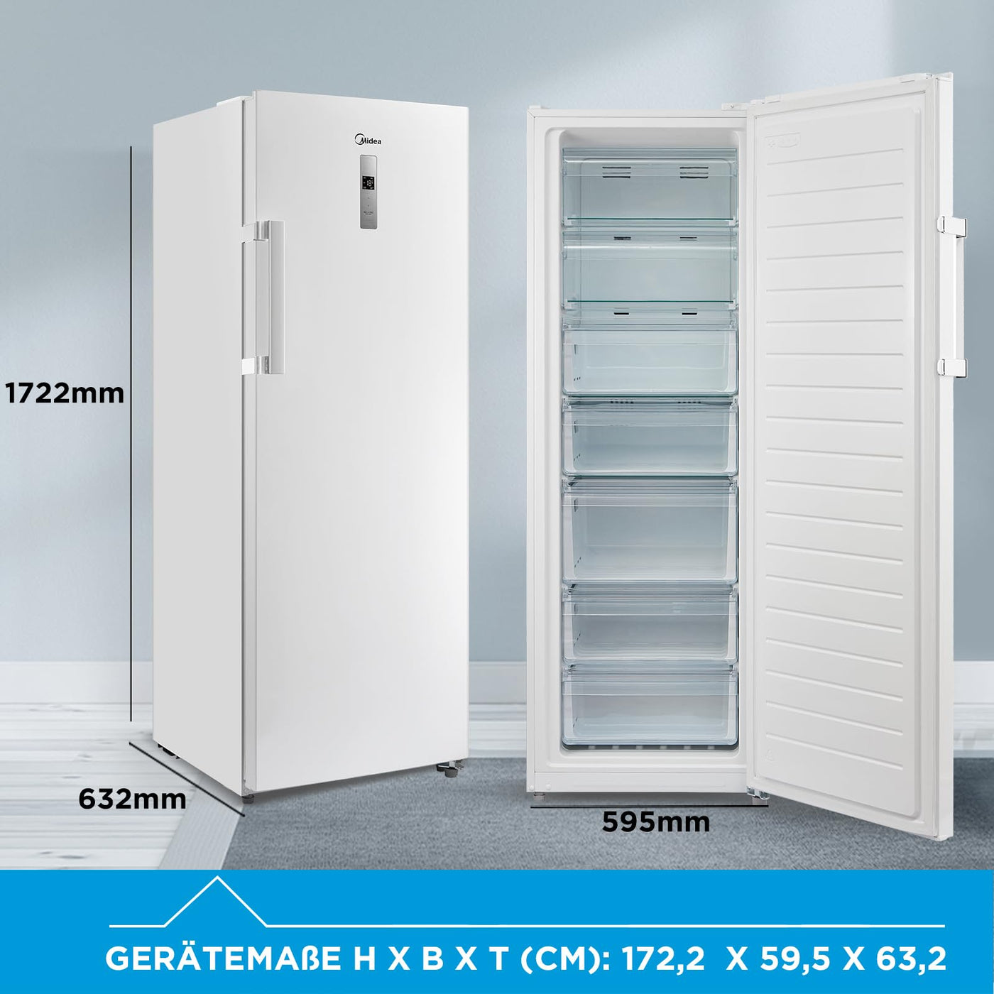 Midea MDRU333FZE01 Gefrierschrank/Kühlschrank/238L/172,2 cm hoch/NoFrost/Flexible Kühl- und Gefrierfunktion/Superkühl/Große Fächer/Zero Clearance/Easy Open Handgriff/Wechselbarer Türanschlag/Weiß