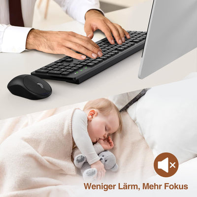 Tastatur Maus Set Kabellos, 2,4GHz Kabellose Tastatur und Maus, Funktastatur in Standardgröße mit Ziffernblock, 1600DIP Ergonomische Maus, für Windows/PC/Laptop/Computer - QWERTZ, Schwarz