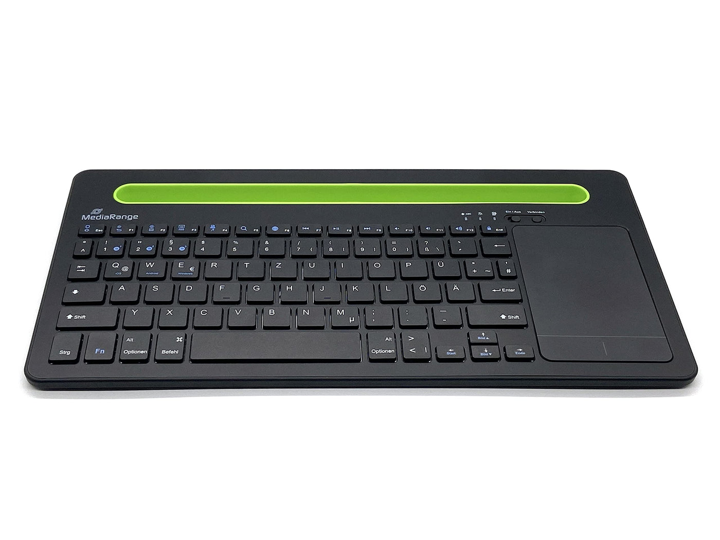 MediaRange, Bluetooth, kompakte Multi-pairing Funk-Tastatur mit 78 Tasten und Touchpad, QWERTZ (DE/AT/CH) Tastaturbelegung, schwarz/grün