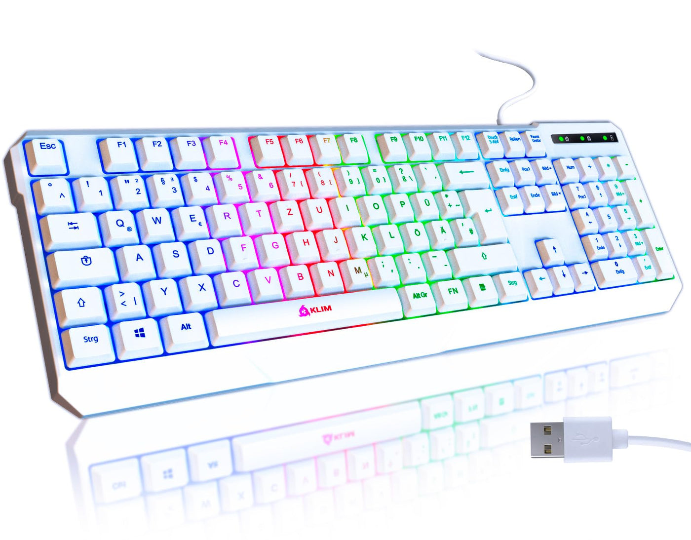 KLIM Chroma Gaming Tastatur QWERTZ DEUTSCH mit Kabel USB + Langlebig, Ergonomisch, Wasserdicht, Leise Tasten + RGB Gamer Tastatur für PC Mac Xbox One X PS4 Tastatur Weiß