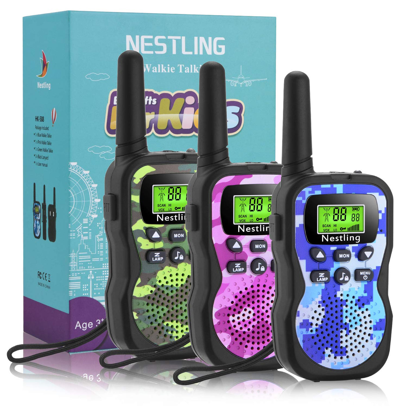 Nestling Walkie Talkie 3 Stück, Verbesserte Version Camouflage 8 Kanäle, 2-Wege-Radio-Spielzeug mit Hintergrundbeleuchtung LCD-Taschenlampe, 3 KM Reichweite für Kinder, Indoor-Outdoor-Aktivität