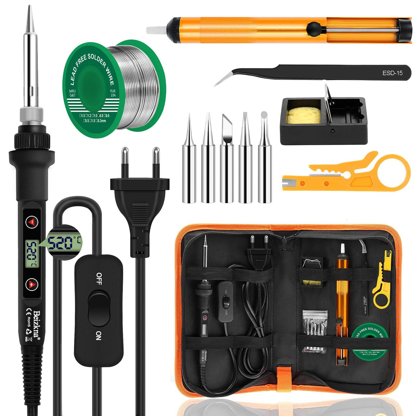 Lötkolben Set 80W LCD Einstellbar Temperatur 180-520°C Lötkolben mit Ein/Aus Schalter, 50g Lötdraht, 5 Lötspitzen, Entlötpumpe, Lötkolbenständer, Pinzette, Lötset für Elektrische Arbeiten