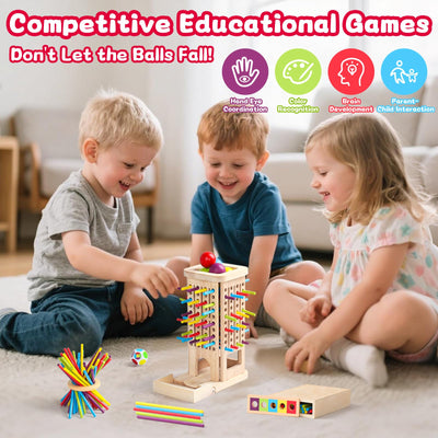 Akokie Montessori Spielzeug ab 3 Jahre Spiele ab 3 4 5 Jahren 3-IN-1 Brettspiele Lernspiele ab 4 Jahre mit 40 Holzstäbe, Aufbewahrungsbox Klassifizierung Farblernturm Kinderspiele Reisespiele Kinder