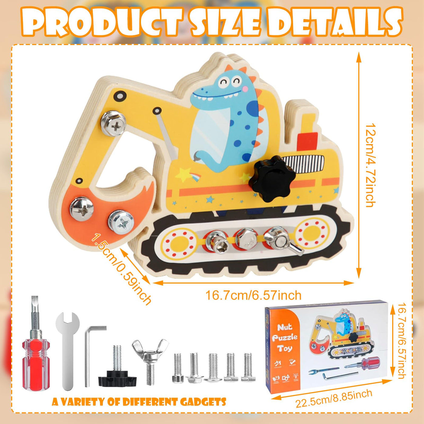 Montessori Schraubbrett Dinosaurier Bagger Spielzeug Motorikspielzeug ab 2 3 4 5 Jahre Busy Board Holz Kinderspielzeug Feinmotorik Lernspielzeug Bagger Spielzeug geschenke für Kinder Mädchen Junge