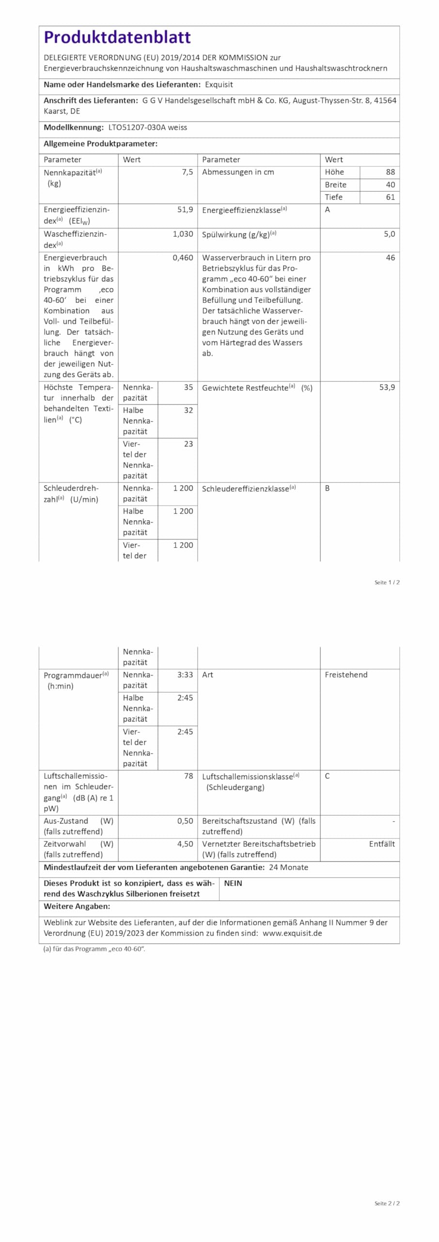 Exquisit Toplader Waschmaschine, 7,5kg Füllmenge, Waschmaschine schmal, Energieklasse A, 1200 U/Min, Startzeitvorwahl, Kurzprogramm, LTO51207-030A weiss