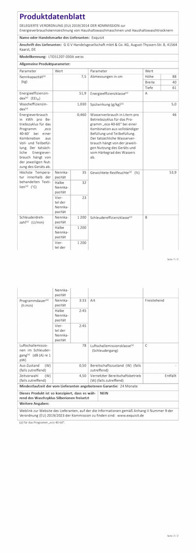 Exquisit Toplader Waschmaschine, 7,5kg Füllmenge, Waschmaschine schmal, Energieklasse A, 1200 U/Min, Startzeitvorwahl, Kurzprogramm, LTO51207-030A weiss
