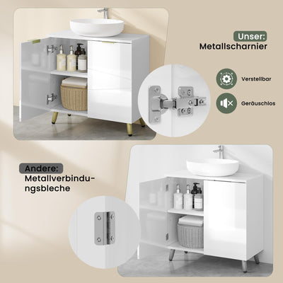 EUGAD Waschbeckenunterschrank, Unterschrank, Waschtischunterschrank, Badezimmerschrank, Badschrank, weiß Hochglanz, mit 2 Türen, Beinen, verstellbare Ablage, freistehend, 60x60x30 cm