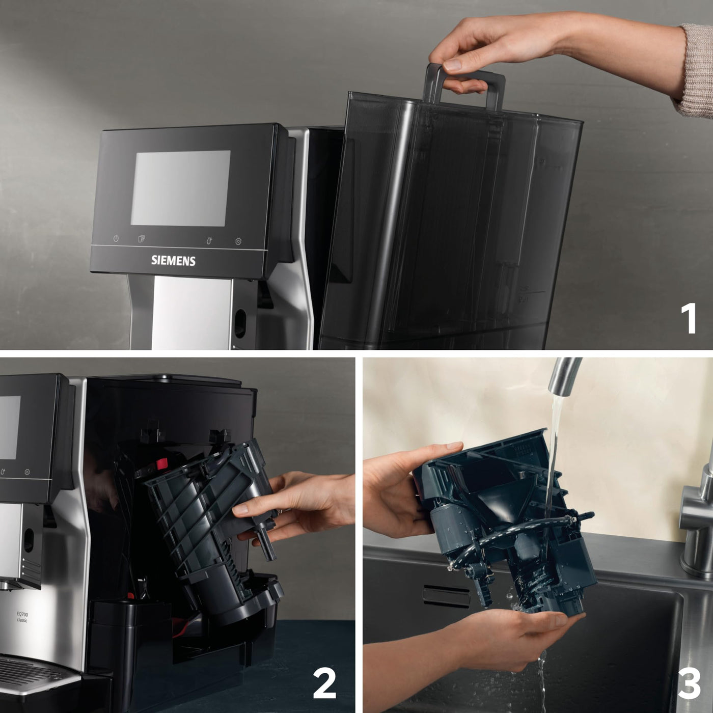 Siemens Kaffeevollautomat EQ700 classic TP715D01, App-Steuerung, Cold Brew, intuitives Full-Touch-Display, bis zu 10 individ. Kaffeekreationen als Favoriten, autom. Dampfreinigung, 1500 W, grau-silber