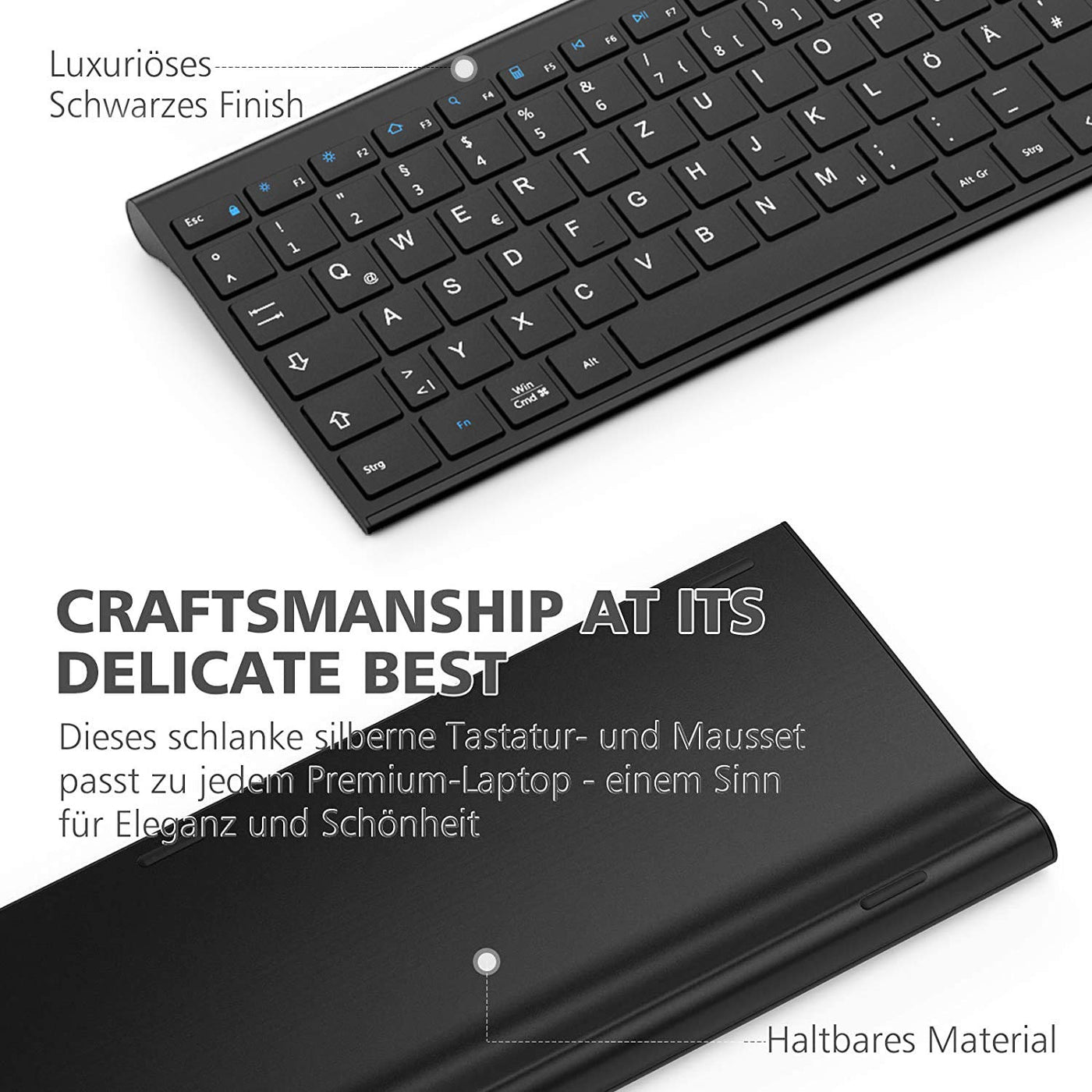 iClever 2.4G Tastatur Maus Set Kabellos, Aluminium Wireless Slim Tastatur QWERTZ Layout (Deutsch), für Computer/Desktop/PC/Laptop/Oberfläsche/Windows 10/8/7/Vista/XP (2.4GHz, USB)