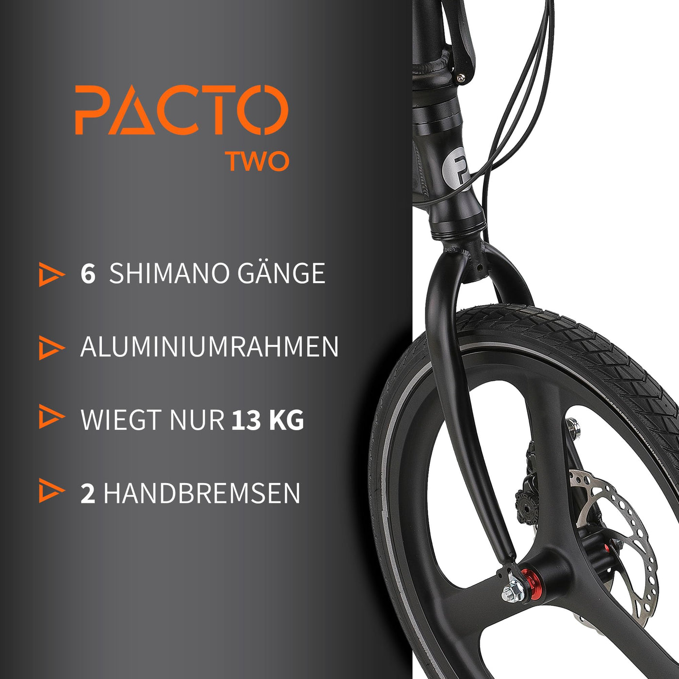 PACTO Two Klapprad 20 Zoll mit Schnelles Faltsystem (10 Sek), Aluminiumrahmen, Leichtgewicht (13KG), Shimano 6 Gänge, Doppelscheibenbremse und LED-Licht (Schwarz)