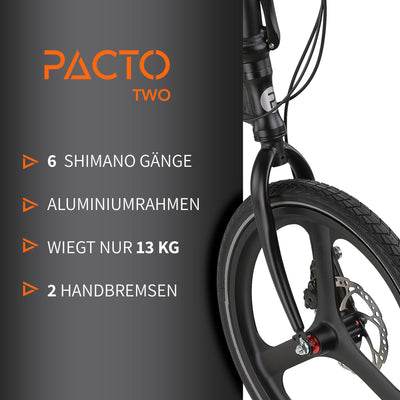 PACTO Two Klapprad 20 Zoll mit Schnelles Faltsystem (10 Sek), Aluminiumrahmen, Leichtgewicht (13KG), Shimano 6 Gänge, Doppelscheibenbremse und LED-Licht (Schwarz)