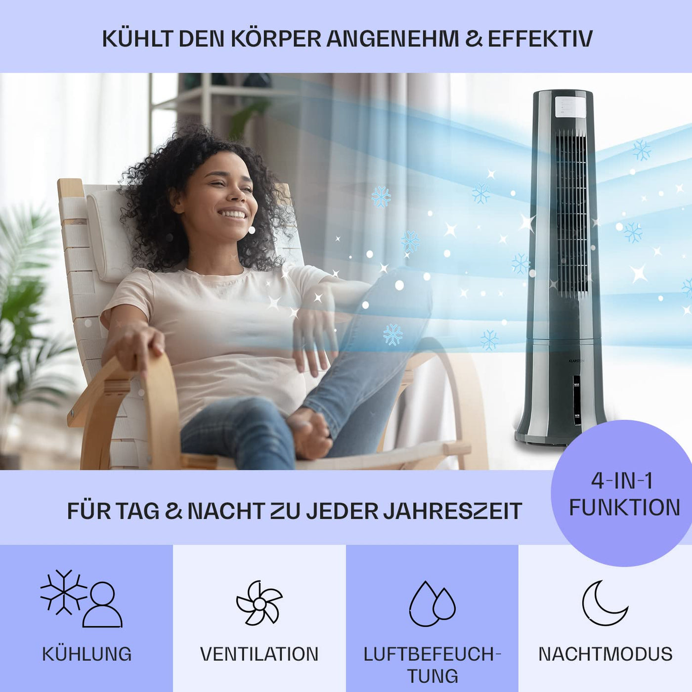 Klarstein Klimaanlage ohne Abluftschlauch, 4-in-1 Air Cooler, Leiser Ventilator, Luftbefeuchter & Nachtmodus, Mobiles Klimagerät mit Wasserkühlung, Luftkühler 40 Watt, Luftstrom 530m³/h, Silbergrau