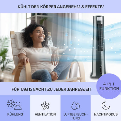 Klarstein Klimaanlage ohne Abluftschlauch, 4-in-1 Air Cooler, Leiser Ventilator, Luftbefeuchter & Nachtmodus, Mobiles Klimagerät mit Wasserkühlung, Luftkühler 40 Watt, Luftstrom 530m³/h, Silbergrau