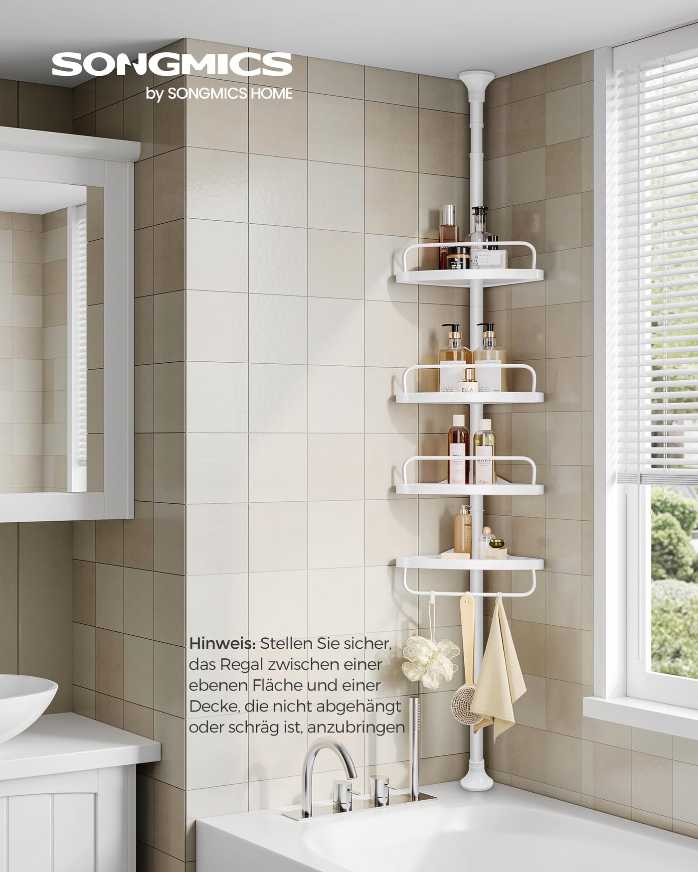 SONGMICS Duschregal, Eckregal Bad, mit 4 Ablagen, Badregal, Gesamthöhe 85-305 cm, höhenverstellbar, Badezimmer-Regal, weiß BCB001A