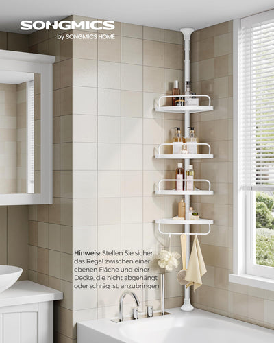 SONGMICS Duschregal, Eckregal Bad, mit 4 Ablagen, Badregal, Gesamthöhe 85-305 cm, höhenverstellbar, Badezimmer-Regal, weiß BCB001A