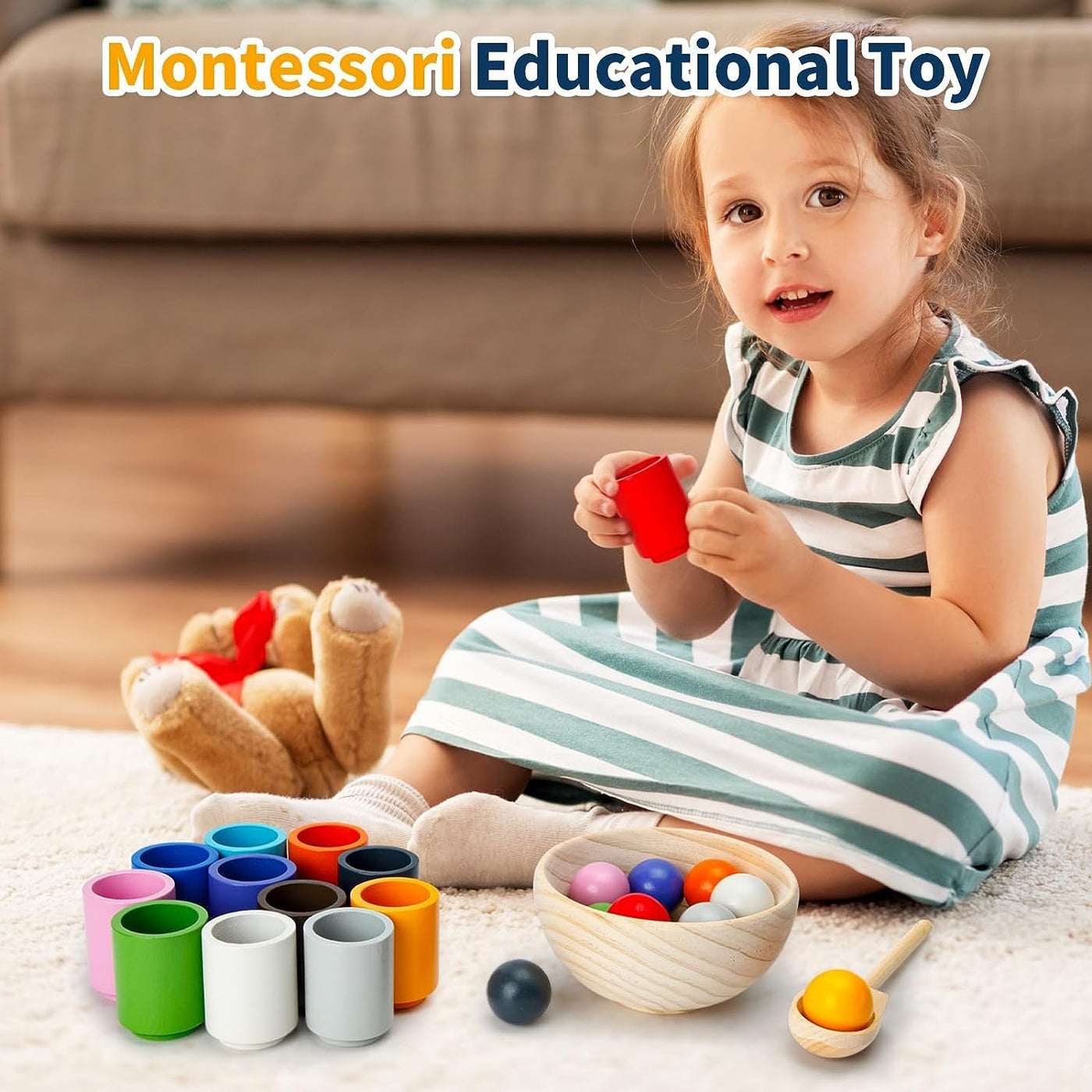 Montessori Spielzeug ab 3 Jahr, Holz Sortier Stapelspielzeug, 12 Kugeln 30 mm Regenbogen Holzkugeln in Tassen, Baby Spielzeug für Vorschule für Farbsortierung und Zählen, Geschenk ab 2 3 4 5 Jahr