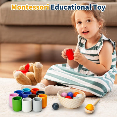 Montessori Spielzeug ab 3 Jahr, Holz Sortier Stapelspielzeug, 12 Kugeln 30 mm Regenbogen Holzkugeln in Tassen, Baby Spielzeug für Vorschule für Farbsortierung und Zählen, Geschenk ab 2 3 4 5 Jahr
