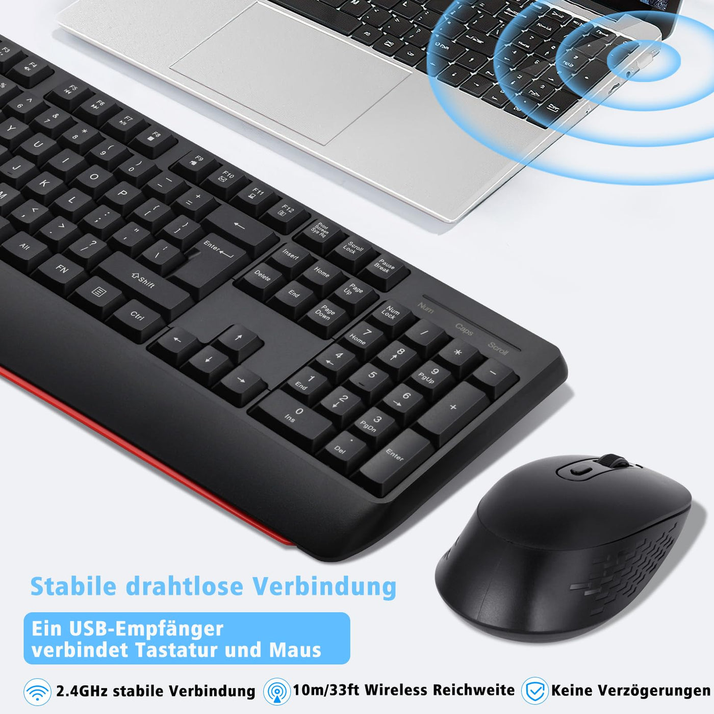 Kabellose Tastatur- und Maus-Kombination,QWERTY ergonomische 2,4-G-Computertastatur in voller Größe mit Handgelenkauflage und 3-stufiger DPI-Einstellbarer kabelloser Maus