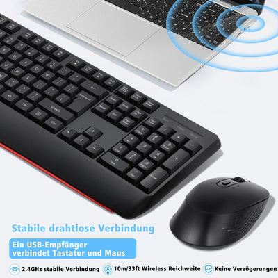 Kabellose Tastatur- und Maus-Kombination,QWERTY ergonomische 2,4-G-Computertastatur in voller Größe mit Handgelenkauflage und 3-stufiger DPI-Einstellbarer kabelloser Maus