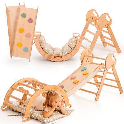 Goodevas 5-in-1 Montessori Klettergerüst Set: Indoor Kletterdreieck, Kletterbogen mit Kissen, und Rutsche für Kinder, Indoor Spielplatz 1-3 Jahre
