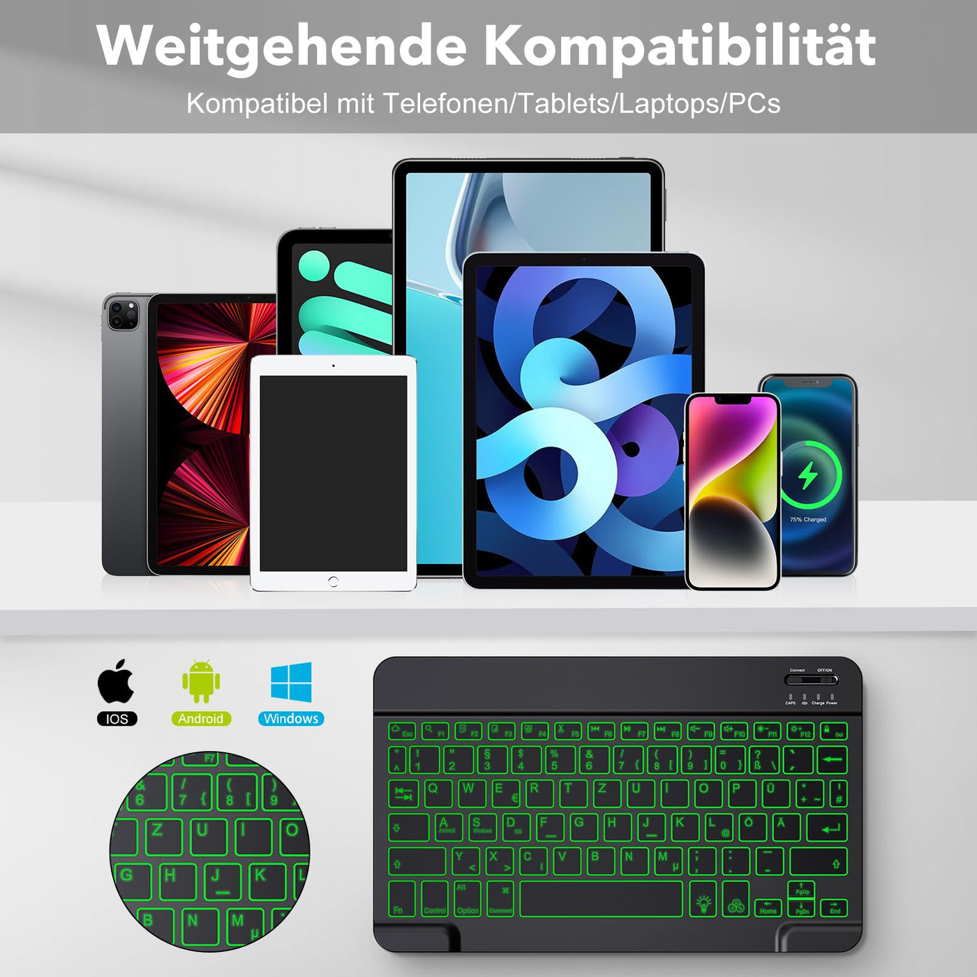 TECURS Kabellos Tastatur Maus Set QWERTZ Bluetooth Tastatur mit Maus für iPad Pro/Air/Mini/iPad 9./8.Gen, 7-farbige Hintergrundbeleuchtung, Schwarz