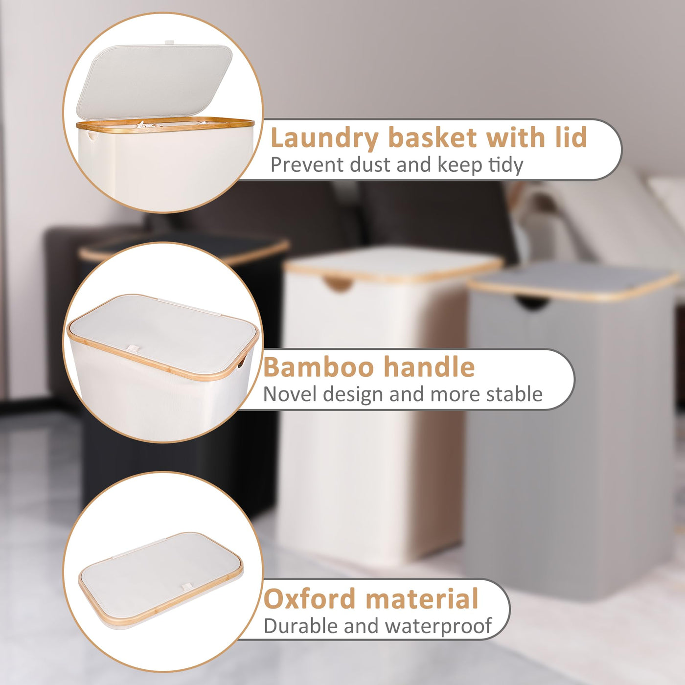 iEGrow Wäschekorb150L XL-Extra Groß 2 Fächer Wäschesammler mit Bambusgriff und Deckel, Laundry Baskets, Wäschekörbe für Waschküche, Schlafzimmer, Badezimmer (Beige)