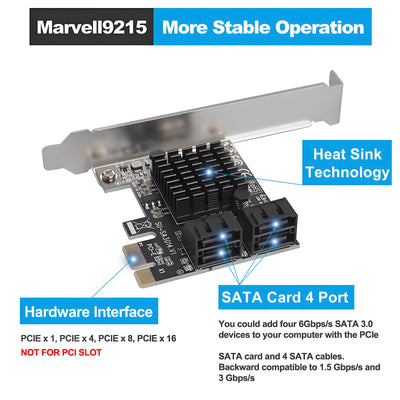 PCIe SATA Karte 4 Ports mit 4 SATA Kabeln, SATA 3.0 Controller Erweiterungskarte mit Low Profile Bracket, PCI-E X1 3.0 Gen3 (6Gbps) Boot als Systemplatte, Non Raid, unterstützt 4 SATA 3.0 Geräte