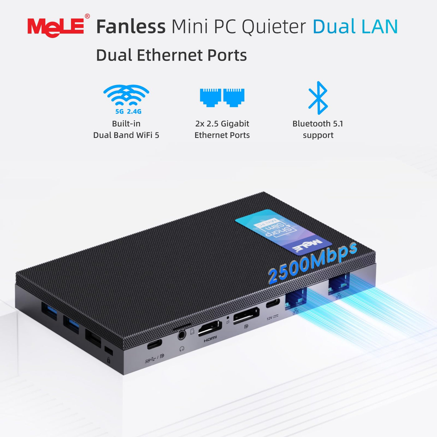 MeLE QuieterDL Lüfterloser Mini PC 2.5Gb Dual LAN Alder Lake N100(bis zu 3.4GHz) 8B DDR4 128GB ROM Windows 11 Home Mikro PC USB-C HDMI2.0+DP1.4 Desktop-Computer mit DREI Bildschirmen