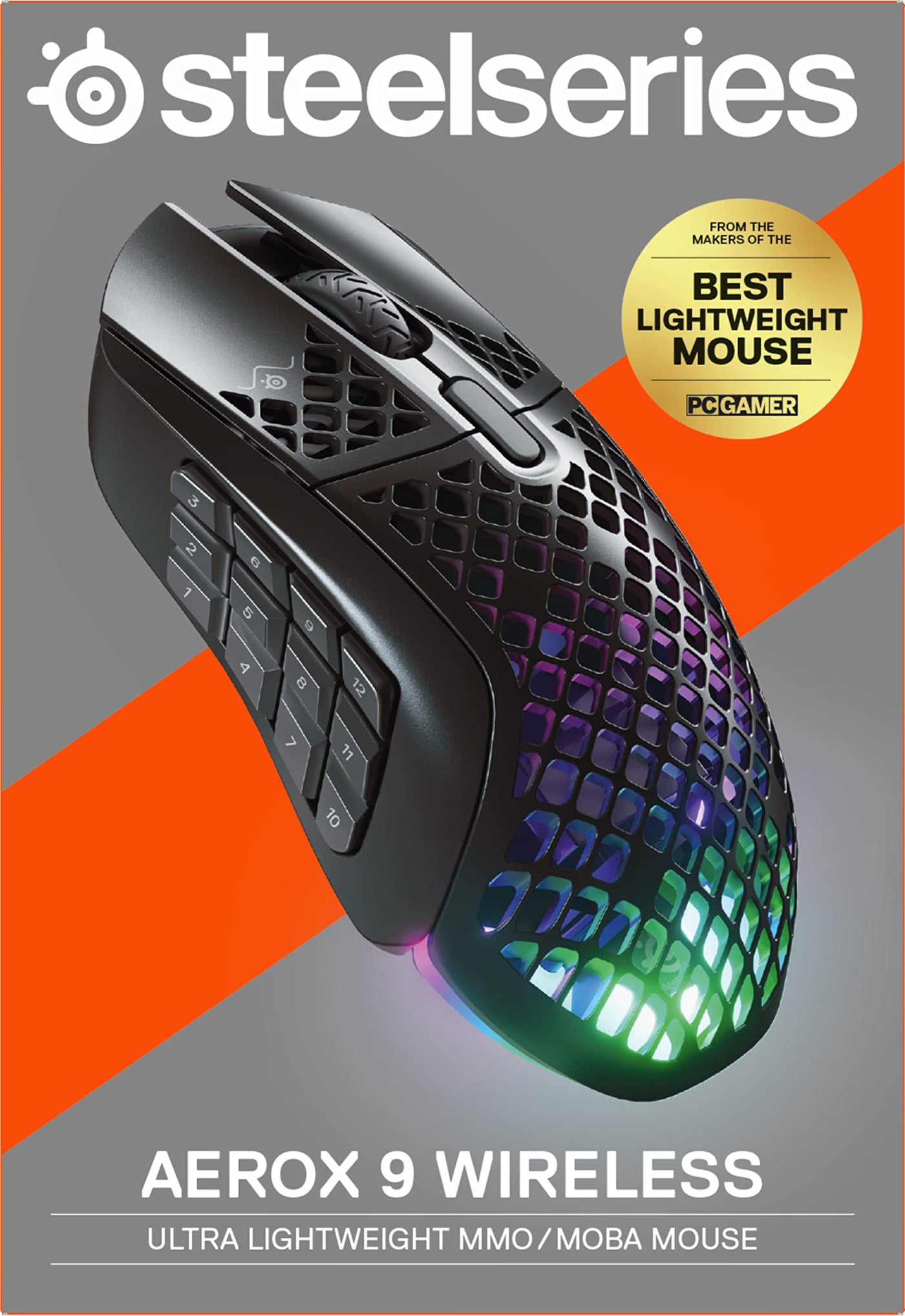 SteelSeries Aerox 9 Wireless - RGB Gaming-Mouse mit Öffnungen in der Oberfläche - Federleichtes, wasserabweisendes Design - 18 Tasten - Bluetooth/2,4 GHz – Optischer TrueMove Air-Sensor mit 18.000 DPI