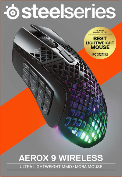 SteelSeries Aerox 9 Wireless - RGB Gaming-Mouse mit Öffnungen in der Oberfläche - Federleichtes, wasserabweisendes Design - 18 Tasten - Bluetooth/2,4 GHz – Optischer TrueMove Air-Sensor mit 18.000 DPI