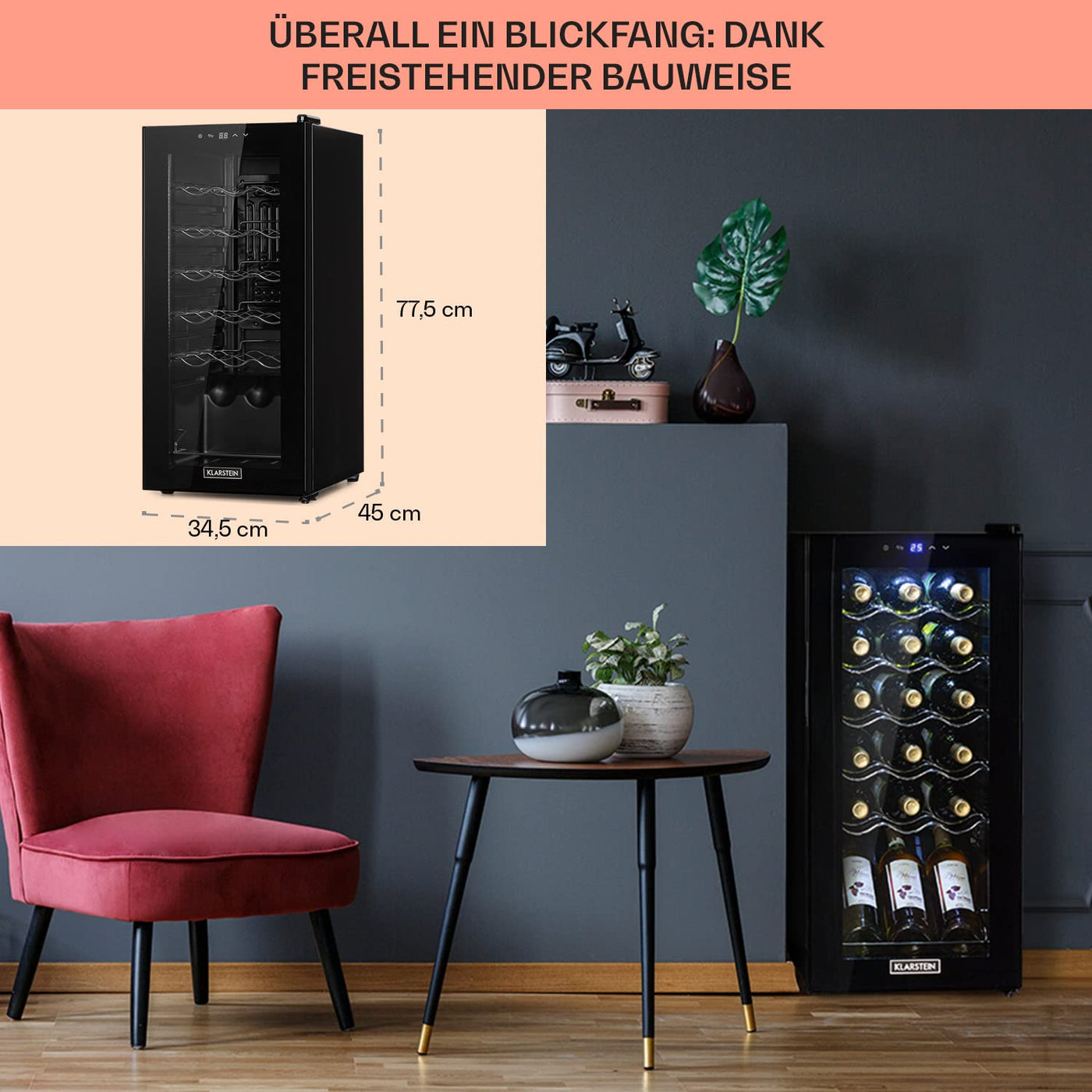 Klarstein Weinkühlschrank, 1 Zonen Getränkekühlschrank Klein, Kleiner Weinschrank 50L, Wein-Kühlschrank Klein mit Glastür, Indoor/Outdoor Flaschenkühlschrank, Wine Fridge 5-18°C, 18 Flaschen
